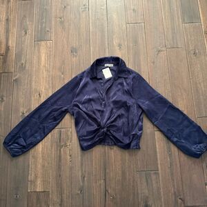 PLEIONE Navy Blue Collared Knotted Cropped Long Sleeve V-Neck Blouse M NWT
